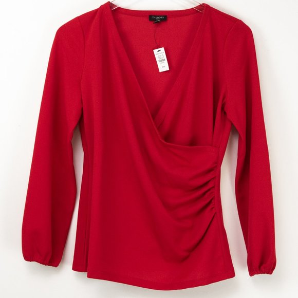 Talbots Crepe Top V-neck Blouse Faux Wrap Shirt Red Size Medium Petite Short New - Picture 2 of 7